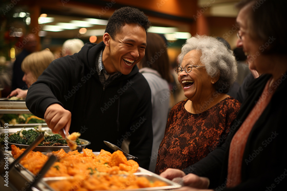 Candid expressions of anticipation as family members serve themselves from the Thanksgiving buffet, showcasing the variety of dishes and flavors, Thanksgiving, Thanksgiving dinner