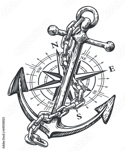 Compass, Rose of Wind and Anchor with rope in engraving style. Vintage sketch vector illustration