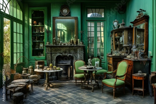 Interior of a French green-colored house. Generative AI