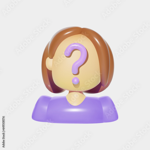 3D icon with woman head with no face and question mark, anonymous person.