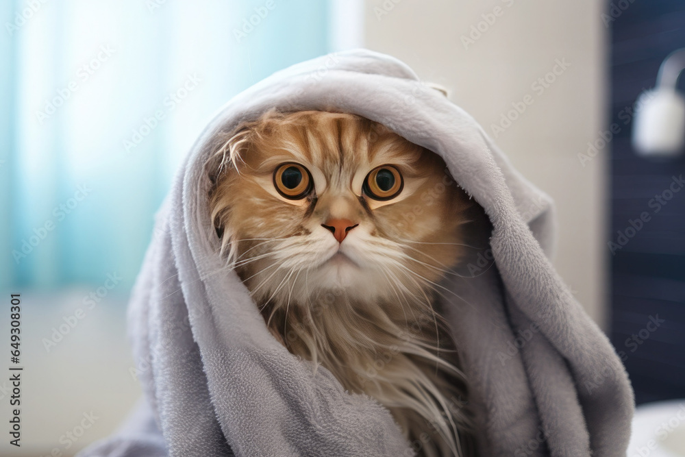 A wet ginger cat is wrapped in a gray towel after bathing.
