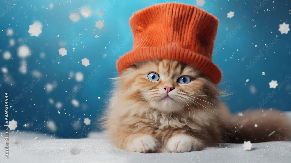 Red long-haired cat portrait lies in an orange hat on a background of falling snowflakes. Empty space for product placement or advertising text.