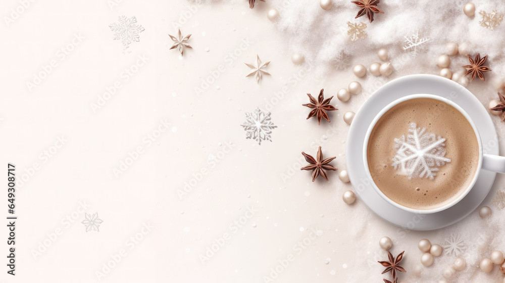 Top view of a cup of cappuccino coffee or cocoa with snowflakes and spices on a light pastel background. Empty space for product placement or advertising text. - obrazy, fototapety, plakaty 