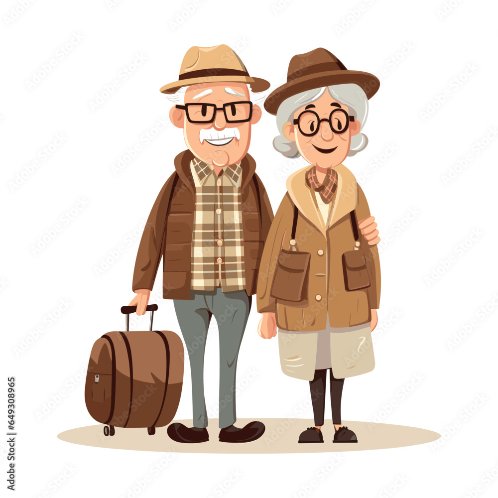 Elderly couple of tourists. Grandmother and grandfather with suitcases are traveling to travel. Vector illustration in a flat style Elderly couple of tourists. Grandmother and grandfather with suitcases are traveling to travel. Vector illustration in a flat style