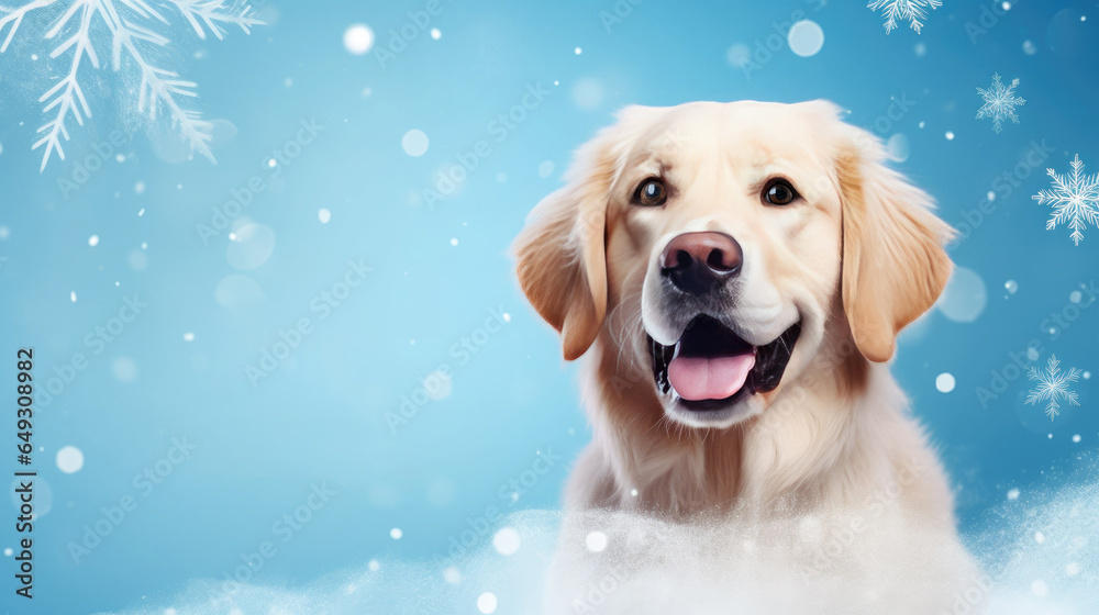 Golden retriever dog portrait on a blue background with falling snowflakes. Empty space for product placement or advertising text.