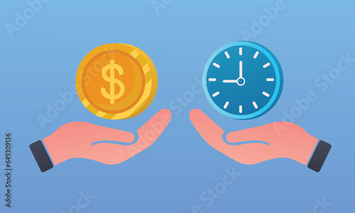 Clock and money on hand scales. Annual revenue, financial investment, savings, bank deposit, future income, money benefit. Time is money concept.on blue background.Vector Design Illustration.