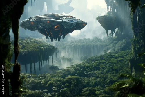 An airborne landmass hovers above Pandora in the Avatar film. Generative AI