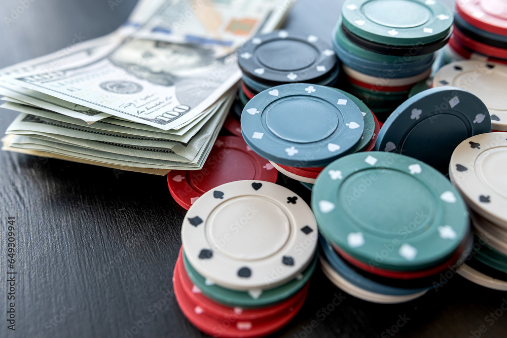 Poker chips and dollars as big win at casino Poker chips and dollars as big win at casino