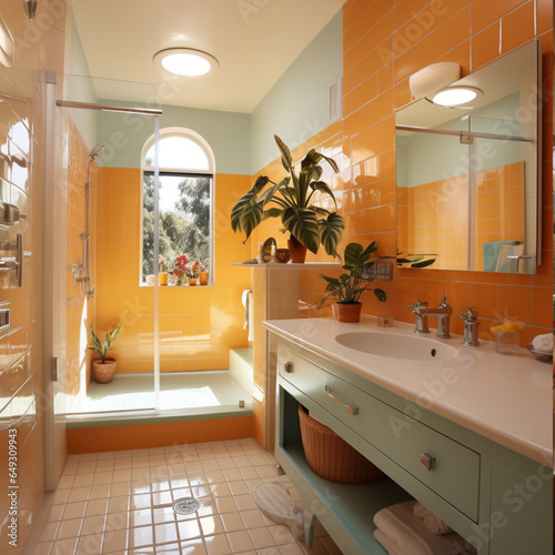 bathroom in a resudential building  traditional mexican colours  bright piano style  modern interior  bright light