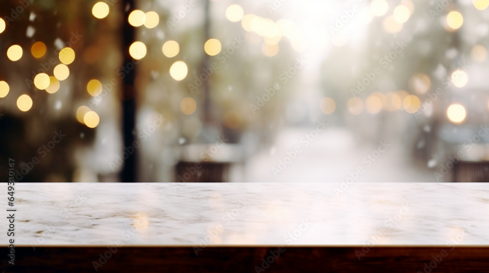 empty white marble tabletop on blurred background with christmas lights. Generative Ai empty white marble tabletop on blurred background with christmas lights. Generative Ai