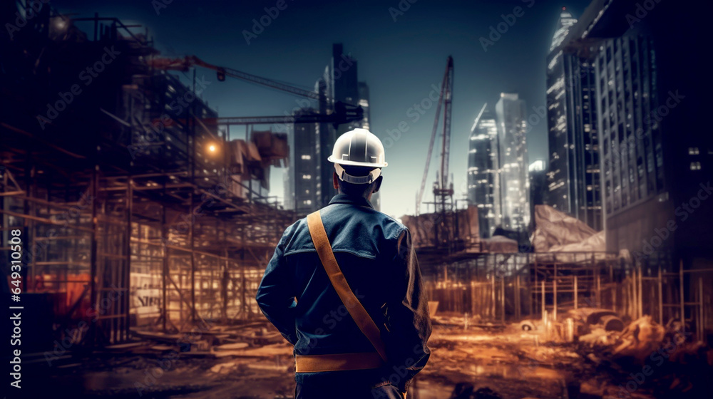 worker inspects construction site in the evening. Generative Ai worker inspects construction site in the evening. Generative Ai