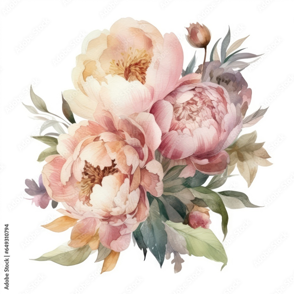 watercolor painted pink peony flower with leaves and butones composicion for floral design on white background