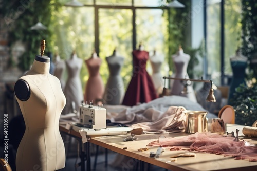 fashion designer Small business workshop with sewing equipment, fabric, and mannequins.
