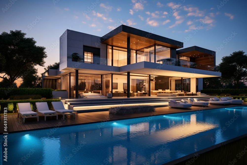 Contemporary dwelling with pool and elegant design. Generative AI