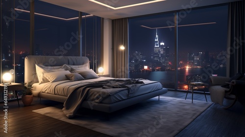  Modern elegant interior luxurious penthouse  bedroom design Furniture, High Ceilings, Decorative Exclusive Luxury Background Premium Brands The hotel has an elegant interior design and a classy © ND STOCK