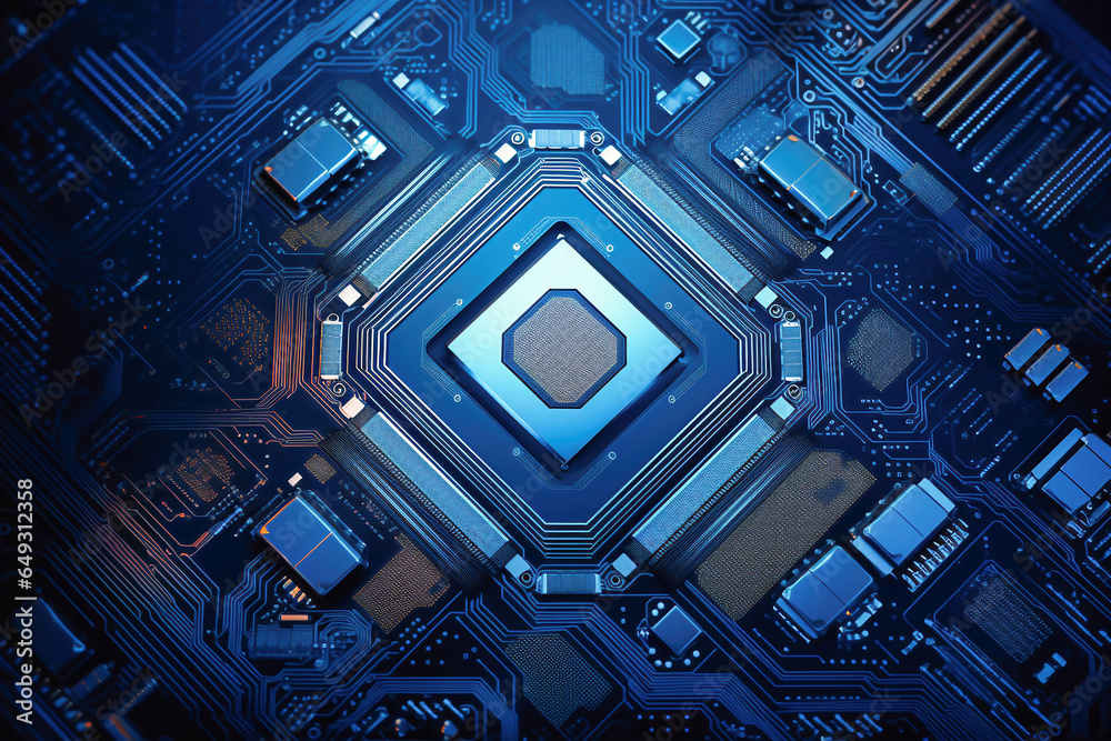 A powerful computer processor or chip on a motherboard. Modern technologies. Blue background. A powerful computer processor or chip on a motherboard. Modern technologies. Blue background.