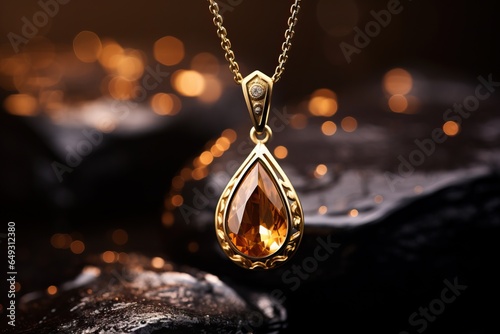 Shiny gold necklace with gemstone drop pendant photo