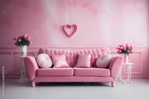 The Valentine room has a pink sofa and Valentine's Day decorations.