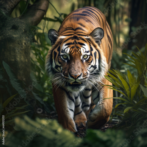 Fotografia de tigre adulto caminando entre vegetaci  n