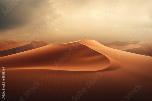 Vast desert dunes under an astonishing cloudy horizon. Surreal sand waves shape a minimalist and overwhelming lonely landscape in subdued brown tones. Generative AI