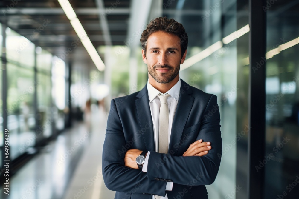 portrait of a business man standing in an office with arms folded and smiling portrait of a business man standing in an office with arms folded and smiling