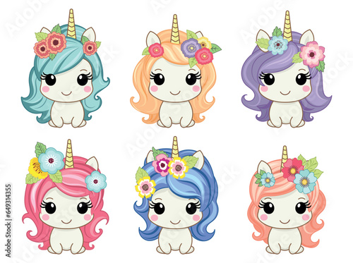 Cute little colored unicorns with flowers. Isolated on white background.