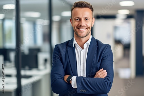 portrait of a business man standing in an office with arms folded and smiling