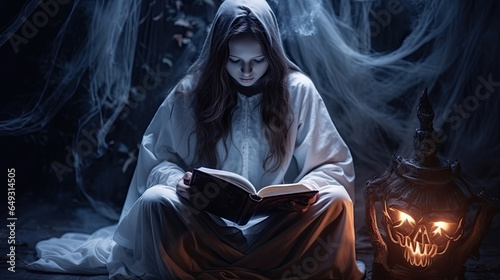 Ghost girl reading a book, Horror background for Halloween concept