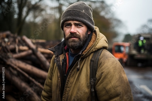 male lumberjack working outside and posing for photo wrapped up warm for cold weather