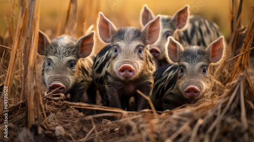 Group of wild striped boar piglets isolated on a white background © Venka