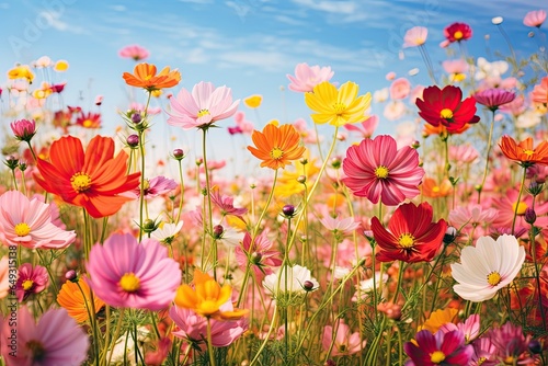 Colorful field of flowers in full bloom, captured with a vibrant color-enhancing lens to depict the vibrancy and joy of love. Generative AI
