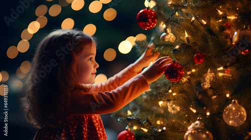 happy little girl decorating christmas tree at home, winter holidays, charity and people concept merry christmas holiday concept