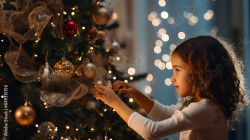 happy little girl decorating christmas tree at home, winter holidays, charity and people concept merry christmas holiday concept