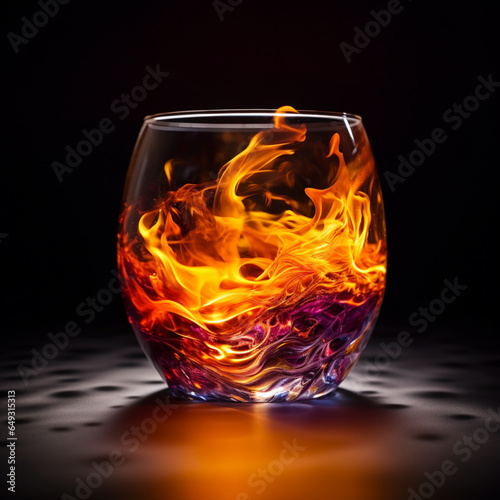 Fotografia de vaso de cristal con licor flambeado en su interior y pequeñas llamas, con fondo de tonos oscuros