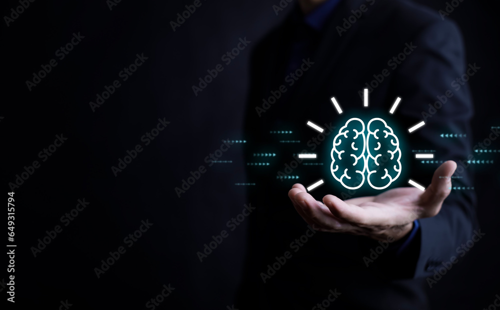 Businessman presenting brain with E-learning education and graduation concept, study knowledge to creative thinking ideas and problem-solving solutions, education course degree certificate Businessman presenting brain with E-learning education and graduation concept, study knowledge to creative thinking ideas and problem-solving solutions, education course degree certificate