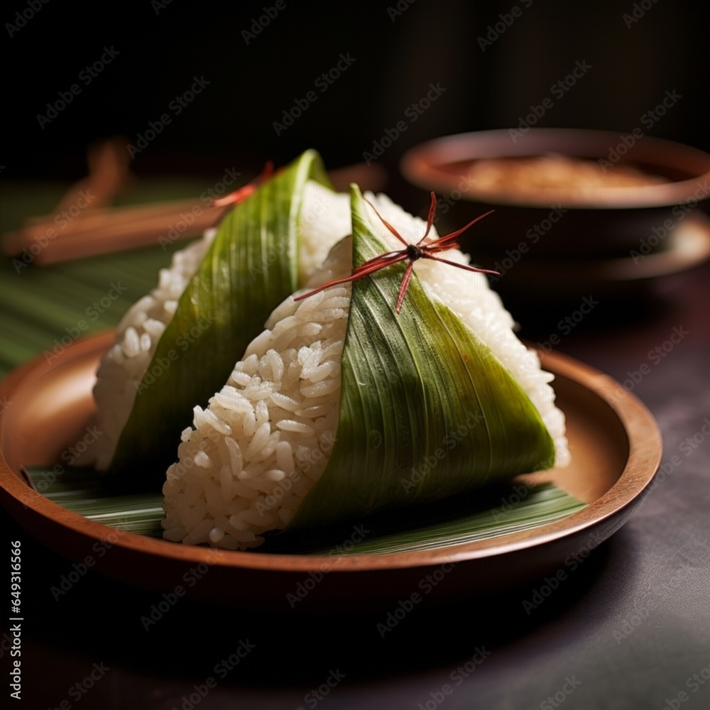 Zongzi freshly unwrapped showing its delicious filling of sticky rice and mung beans, captured