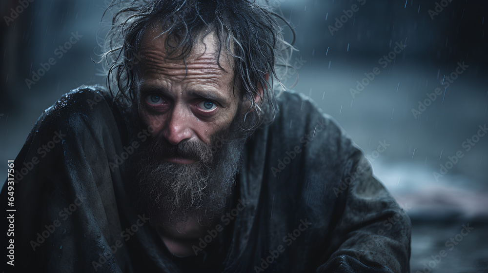 Close-up of a hopeless homeless person.
