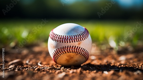  A close-up view of Baseball on Well-Maintained Infield Chalk Line in Outdoor Sports Field, Close-Up View with Rich Brown and White Contrast, Blured Background