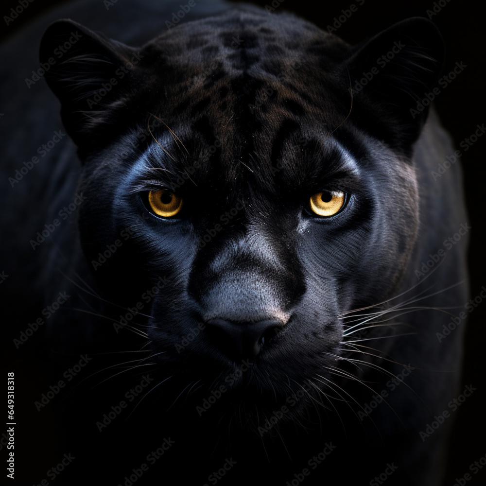 Fotografia con detalle de pantera negra con mirada profunda y tono negro de fondo Fotografia con detalle de pantera negra con mirada profunda y tono negro de fondo