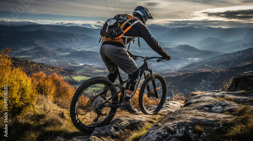 Adventurous mountain biker on peak, gazing at vast valley landscapes