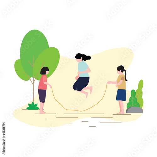 Vector girls play jump rope in the yard cheerfully. Traditional game with a rope made of rubber bands connected. Traditional sport. Outdor flat illustration 