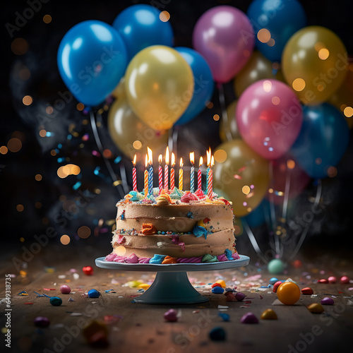 Fotografia con detalle de tarta de cumpleaños con velas encendidas, con globos de colores de fondo