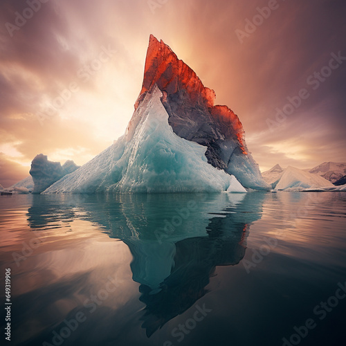 Fondo con detalle de iceber con tonos blancos y rojizos, con reflejos de sol y agua photo