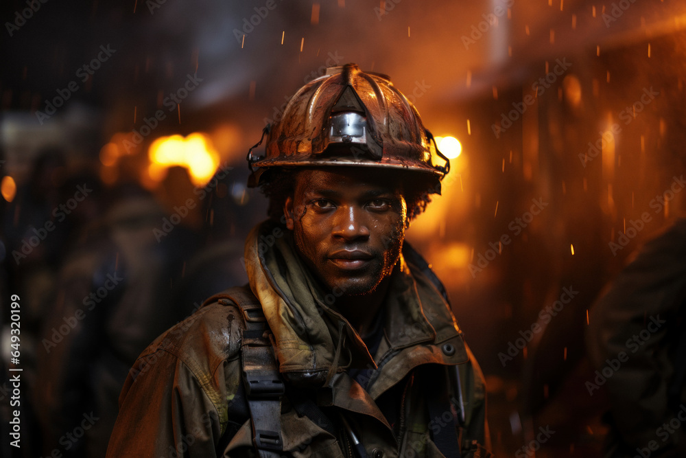 Portrait of african firefighter against background of burning house
