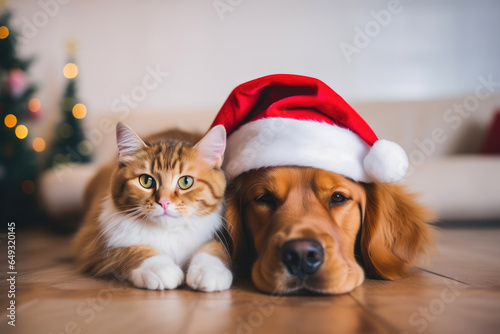 Home for the Holidays: Pets Posing in Santa Hats © Andrii 