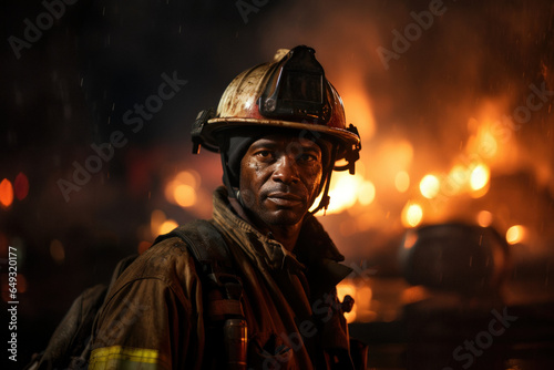Portrait of african firefighter against background of burning house
