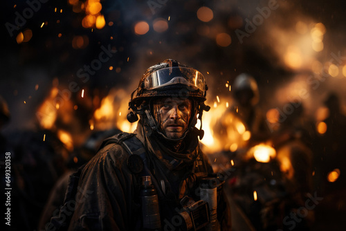 Portrait of Caucasian firefighter against background of burning house photo