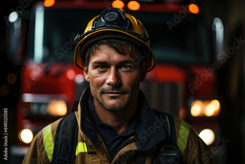 Experienced firefighter in protective helmet and uniform on background of fire truck photo
