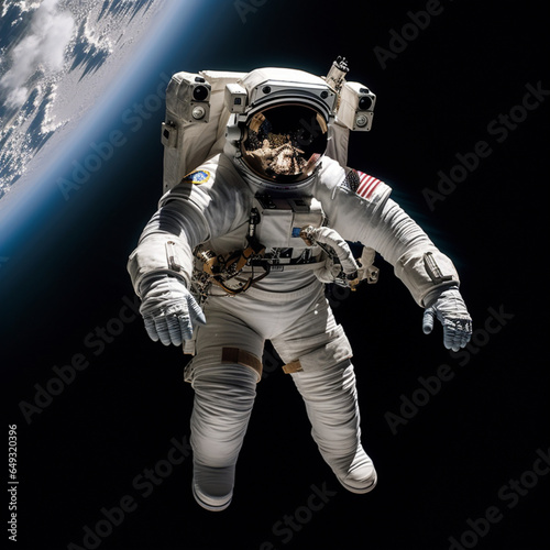 Fotografia de astronauta americano con traje espacial, en gravedad, con parte de planeta de fondo