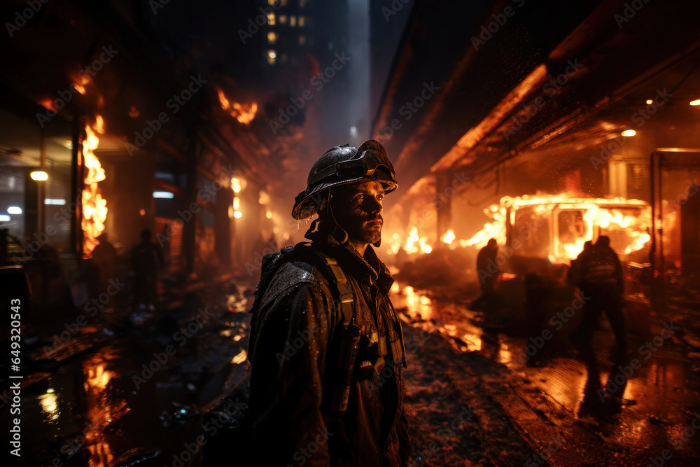 Firefighter against the background of a burning city district
